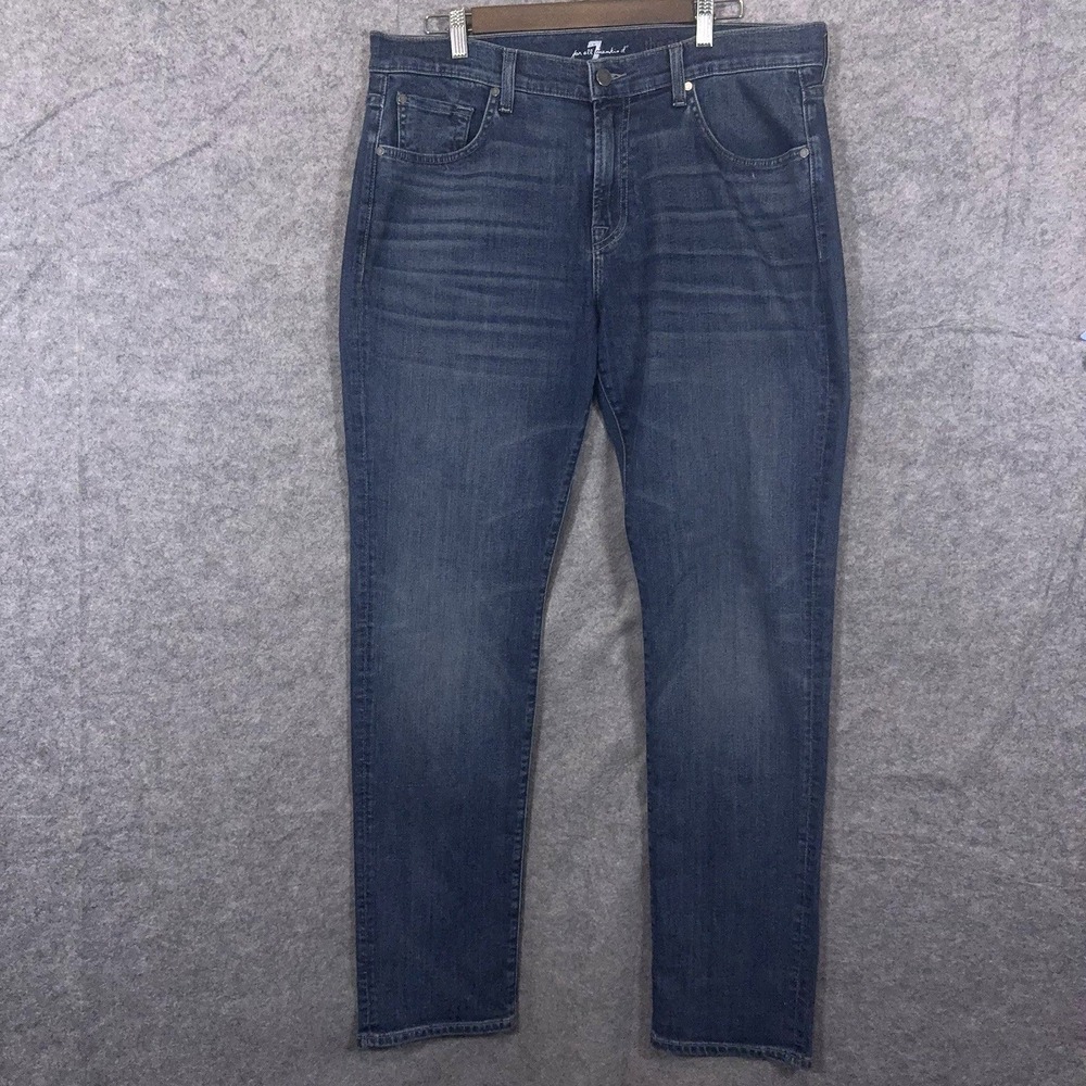 7 For All Mankind Straight Jeans Mens‎ 34x33 Blue Med Wash Stretch